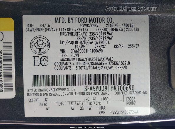3FA6P0D91HR100690 2017 FORD FUSION Gray Вид підкапотного простору