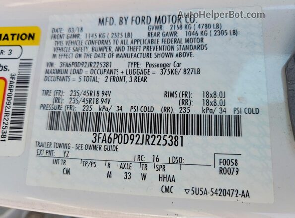 3FA6P0D92JR225381 2018 FORD FUSION White Вид підкапотного простору