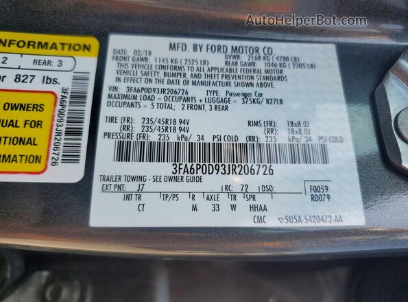 3FA6P0D93JR206726 2018 FORD FUSION Черный Вид наклейки с VIN-кодом