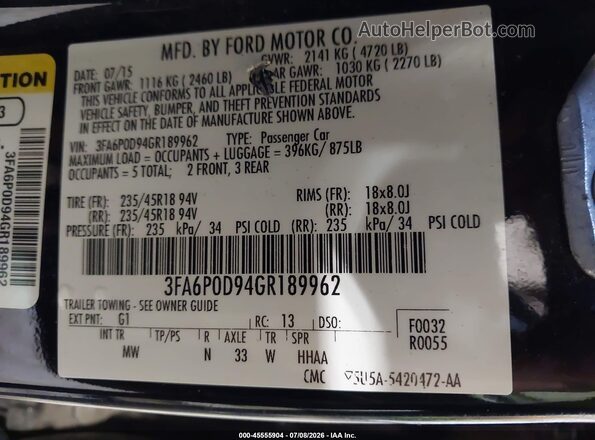 3FA6P0D94GR189962 2016 FORD FUSION Black Vista del compartimento del motor