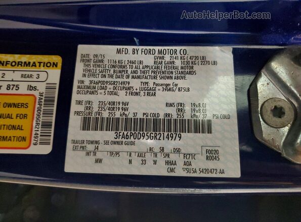 3FA6P0D95GR214979 2016 FORD FUSION Синий Вид подкапотного пространства