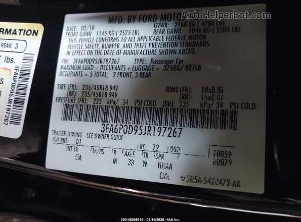 3FA6P0D95JR197267 2018 FORD FUSION Black Engine compartment view