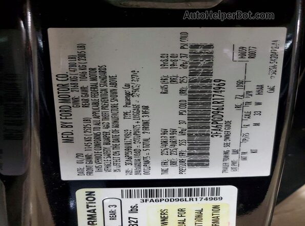 3FA6P0D96LR174969 2020 FORD FUSION Black Vista de la etiqueta del VIN