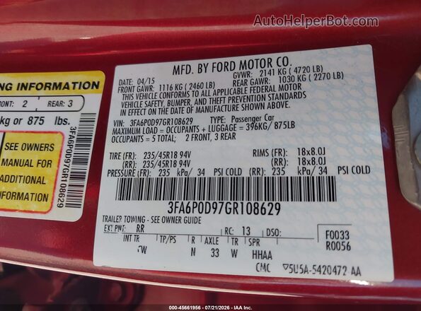 3FA6P0D97GR108629 2016 FORD FUSION Красный Вид подкапотного пространства