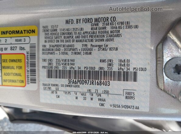 3FA6P0D97JR168403 2018 FORD FUSION Silver ძრავის განყოფილების ხედი