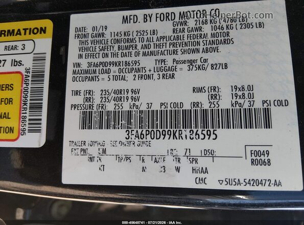 3FA6P0D99KR186595 2019 FORD FUSION Черный Вид подкапотного пространства
