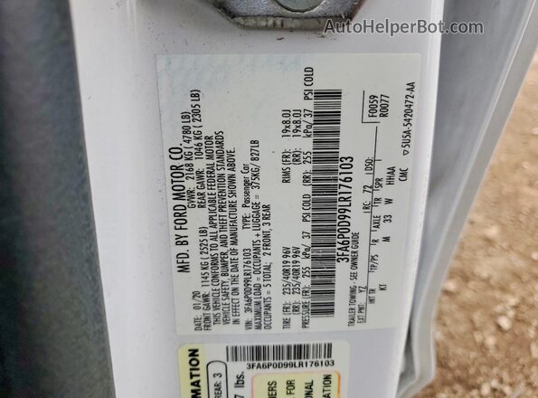 3FA6P0D99LR176103 2020 FORD FUSION White Vista del compartimento del motor