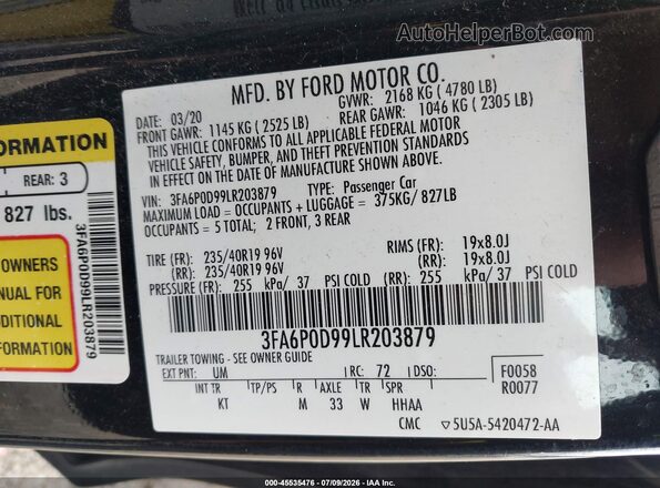 3FA6P0D99LR203879 2020 FORD FUSION Black Vista del compartimento del motor