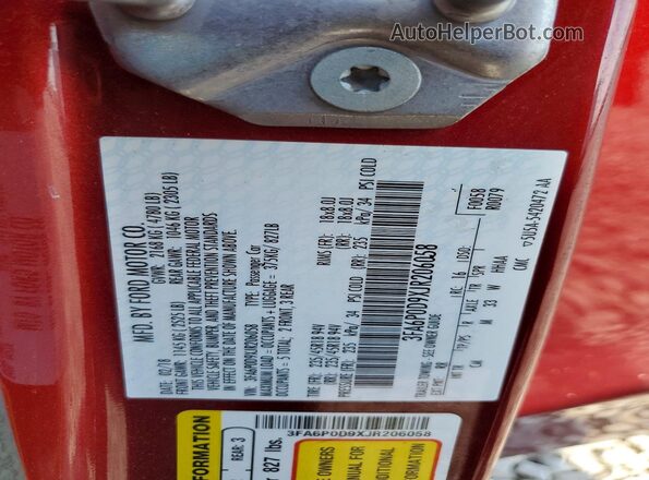 3FA6P0D9XJR206058 2018 FORD FUSION Red Շարժիչի բաժամունքի տեսք