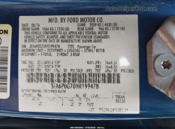 3FA6P0G70HR199478 2017 FORD FUSION Blue Vista del compartimento del motor