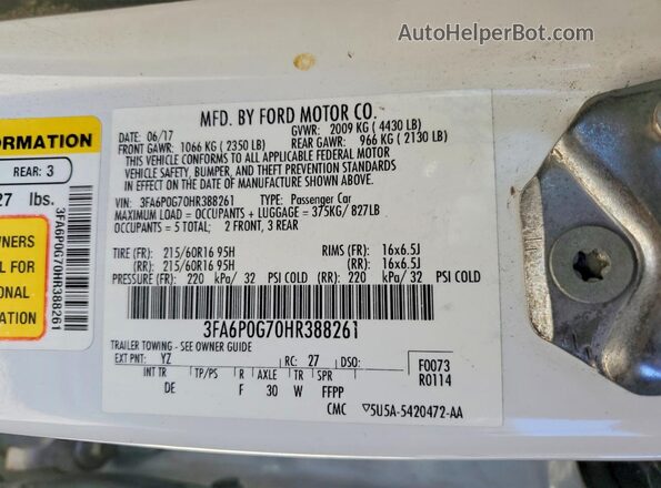 3FA6P0G70HR388261 2017 FORD FUSION White Вид підкапотного простору