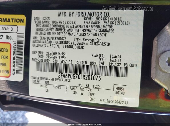 3FA6P0G70LR201075 2020 FORD FUSION Черный Вид подкапотного пространства