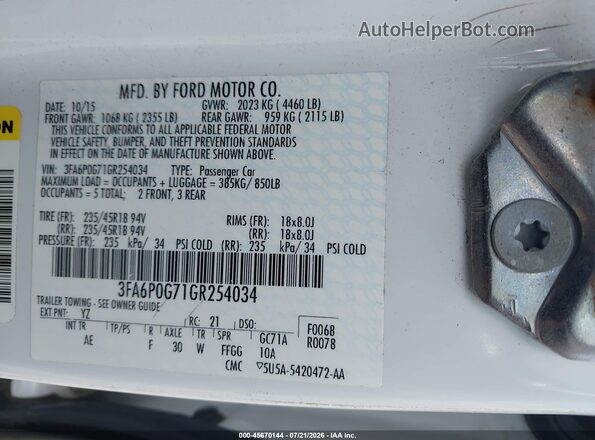 3FA6P0G71GR254034 2016 FORD FUSION White Vista del compartimento del motor
