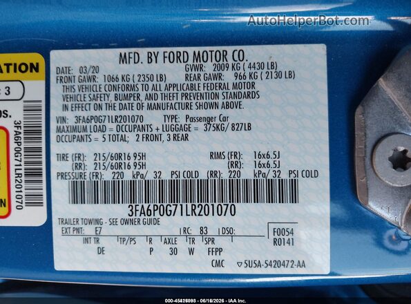 3FA6P0G71LR201070 2020 FORD FUSION Blue ძრავის განყოფილების ხედი