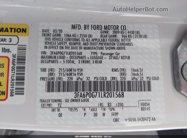 3FA6P0G71LR201568 2020 FORD FUSION Белый Вид подкапотного пространства