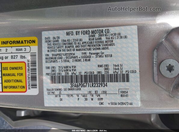 3FA6P0G71LR232934 2020 FORD FUSION Silver Engine compartment view