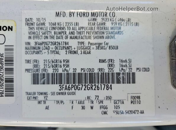 3FA6P0G72GR261784 2016 FORD FUSION Белый Вид наклейки с VIN-кодом