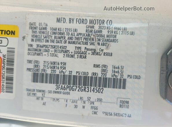 3FA6P0G72GR314502 2016 FORD FUSION White ძრავის განყოფილების ხედი