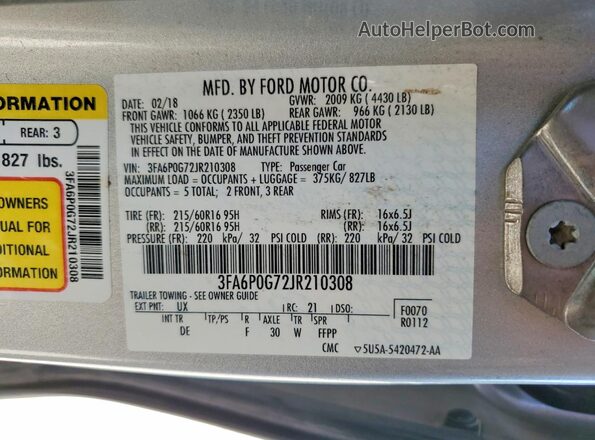 3FA6P0G72JR210308 2018 FORD FUSION Silver Շարժիչի բաժամունքի տեսք