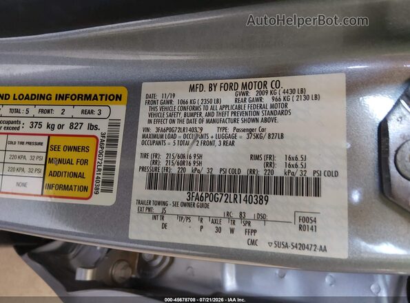 3FA6P0G72LR140389 2020 FORD FUSION Silver ძრავის განყოფილების ხედი