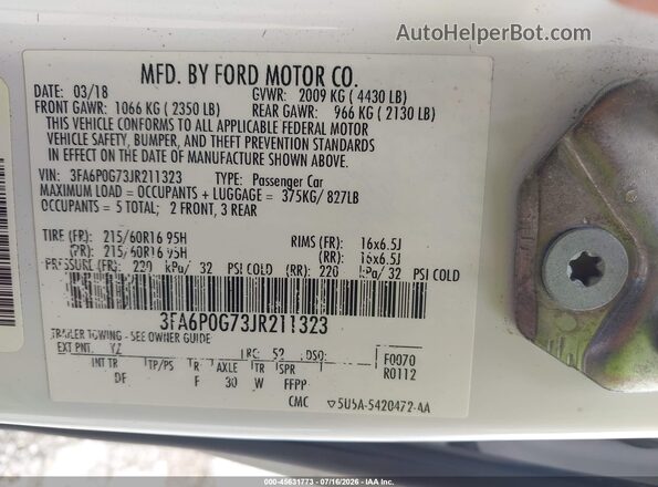 3FA6P0G73JR211323 2018 FORD FUSION White Vista del compartimento del motor