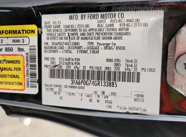 3FA6P0G74GR133885 2016 FORD FUSION Black Vista del compartimento del motor