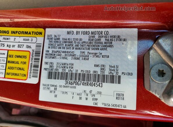 3FA6P0G74HR404543 2017 FORD FUSION Red Widok komory silnika