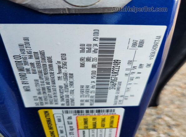 3FA6P0G74JR222489 2018 FORD FUSION Синий Вид подкапотного пространства
