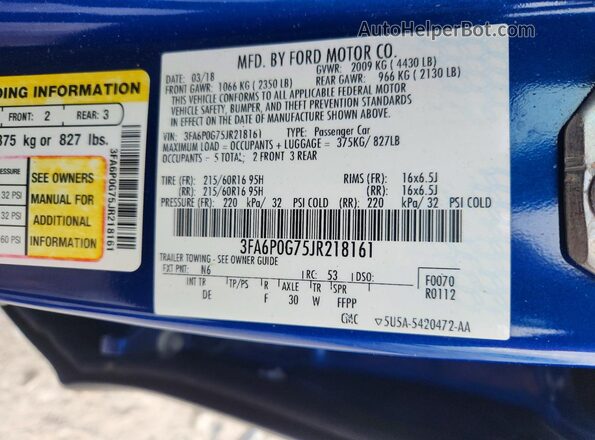 3FA6P0G75JR218161 2018 FORD FUSION Blue Engine compartment view