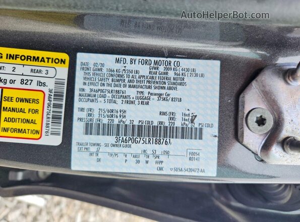 3FA6P0G75LR188761 2020 FORD FUSION Gray Vista del compartimento del motor