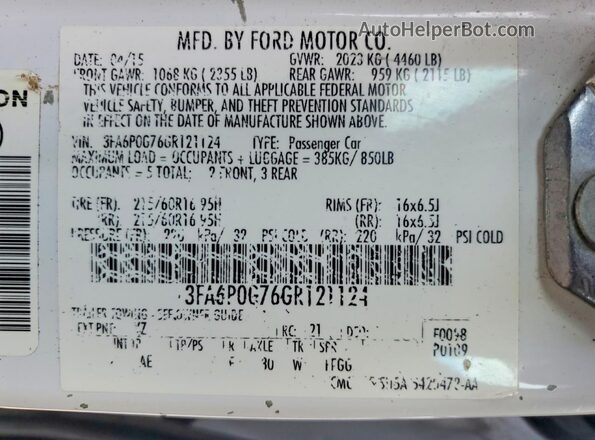 3FA6P0G76GR121124 2016 FORD FUSION White Вид підкапотного простору