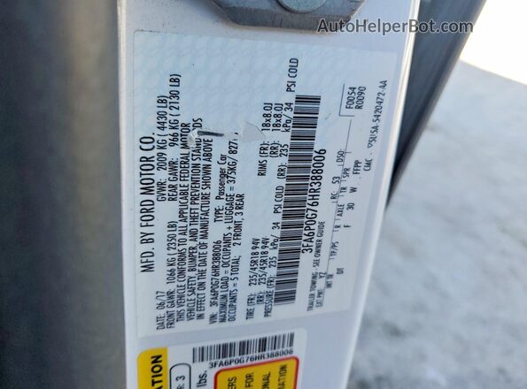 3FA6P0G76HR388006 2017 FORD FUSION White Widok komory silnika