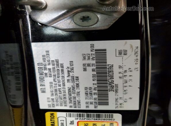 3FA6P0G76KR280962 2019 FORD FUSION Black ძრავის განყოფილების ხედი