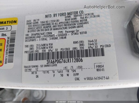 3FA6P0G76LR112806 2020 FORD FUSION White Вид підкапотного простору