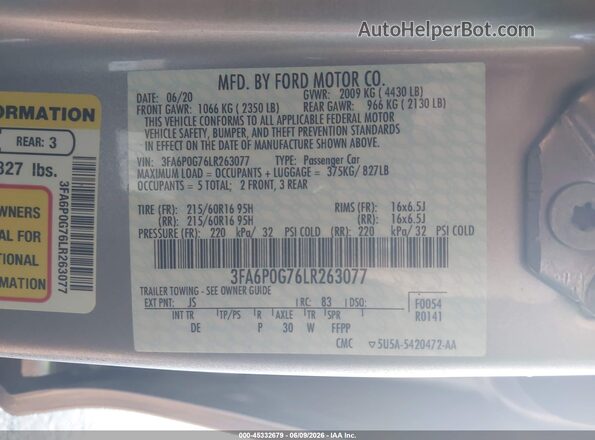 3FA6P0G76LR263077 2020 FORD FUSION Серебряный Вид подкапотного пространства