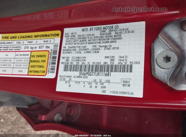 3FA6P0G77LR111681 2020 FORD FUSION Red Vista del compartimento del motor