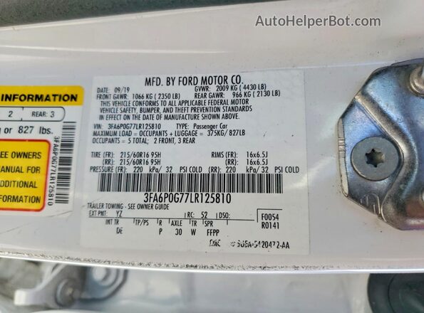 3FA6P0G77LR125810 2020 FORD FUSION White Շարժիչի բաժամունքի տեսք