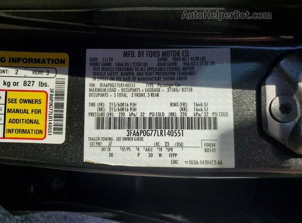 3FA6P0G77LR140551 2020 FORD FUSION Gray Widok komory silnika