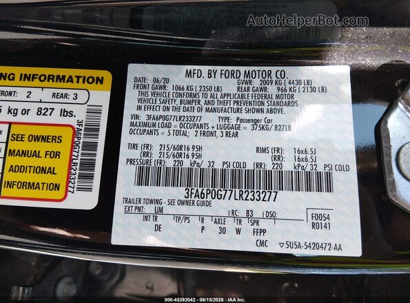 3FA6P0G77LR233277 2020 FORD FUSION Black Շարժիչի բաժամունքի տեսք