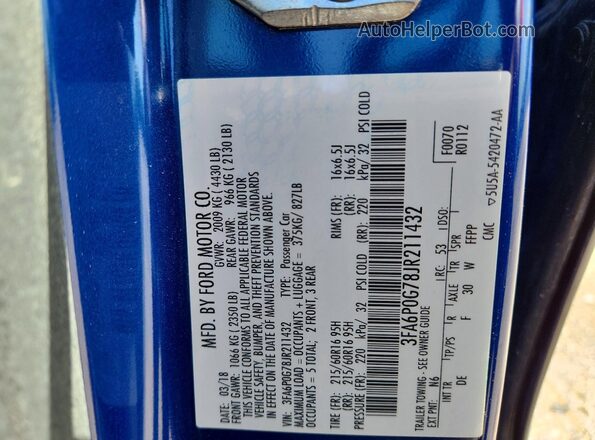 3FA6P0G78JR211432 2018 FORD FUSION Синий Вид подкапотного пространства