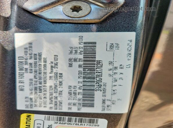 3FA6P0G78LR170299 2020 FORD FUSION Gray Widok wnętrza 360 stopni