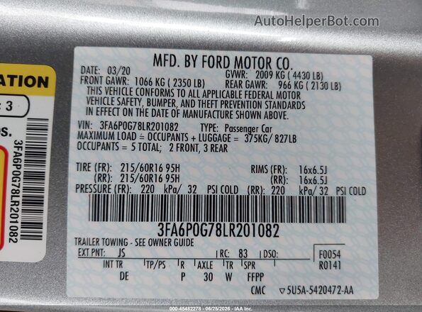 3FA6P0G78LR201082 2020 FORD FUSION  Вид подкапотного пространства