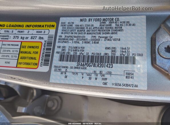 3FA6P0G78LR201423 2020 FORD FUSION Silver Вид підкапотного простору
