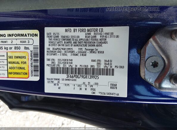 3FA6P0G79GR139925 2016 FORD FUSION Blue Vista del compartimento del motor