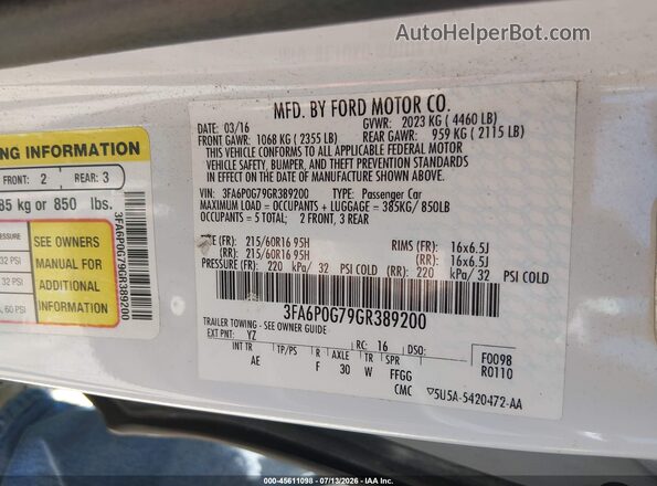 3FA6P0G79GR389200 2016 FORD FUSION Белый Вид подкапотного пространства