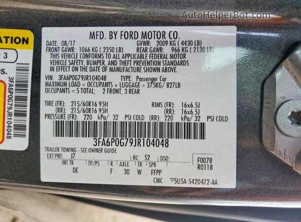 3FA6P0G79JR104048 2018 FORD FUSION Gray Engine compartment view