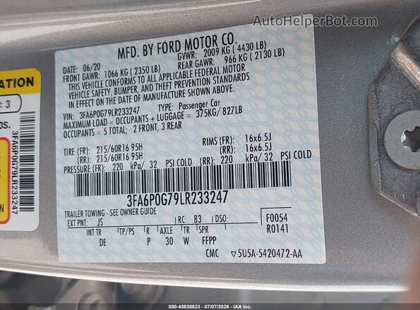 3FA6P0G79LR233247 2020 FORD FUSION Silver Widok komory silnika