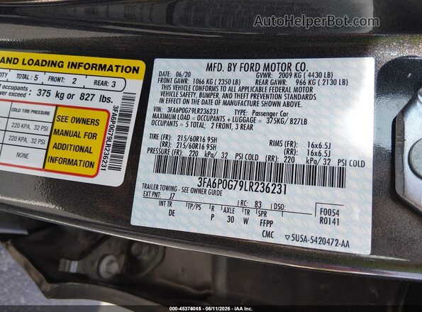3FA6P0G79LR236231 2020 FORD FUSION Gray Engine compartment view