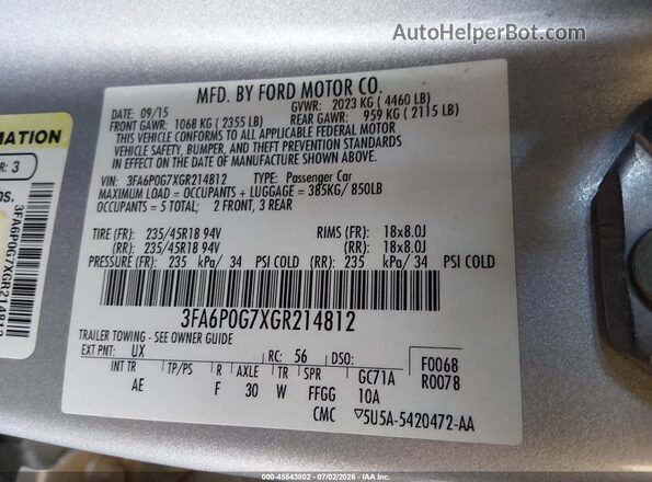 3FA6P0G7XGR214812 2016 FORD FUSION Silver Widok komory silnika