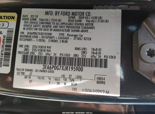 3FA6P0G7XJR195900 2018 FORD FUSION Gray Вид підкапотного простору